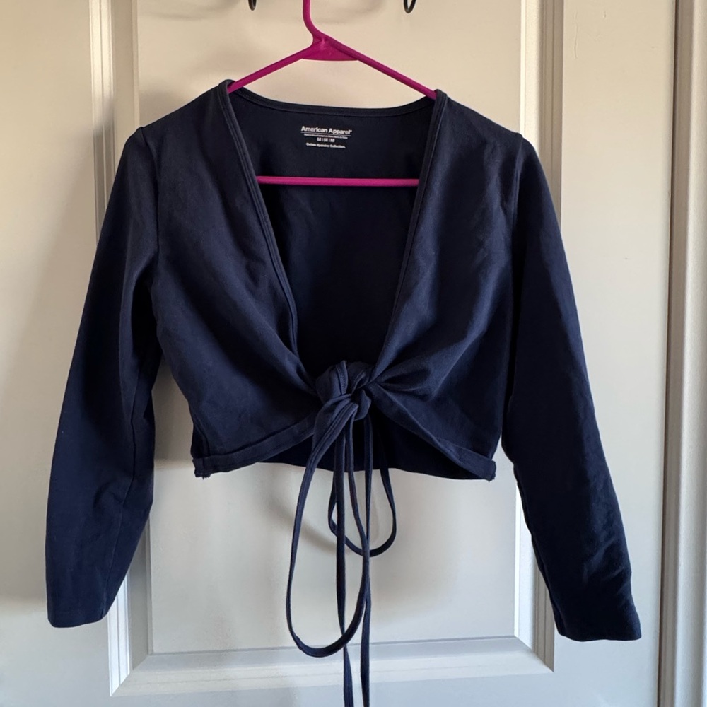 American Apparel Navy Tie-Front Long Sleeve Crop Top